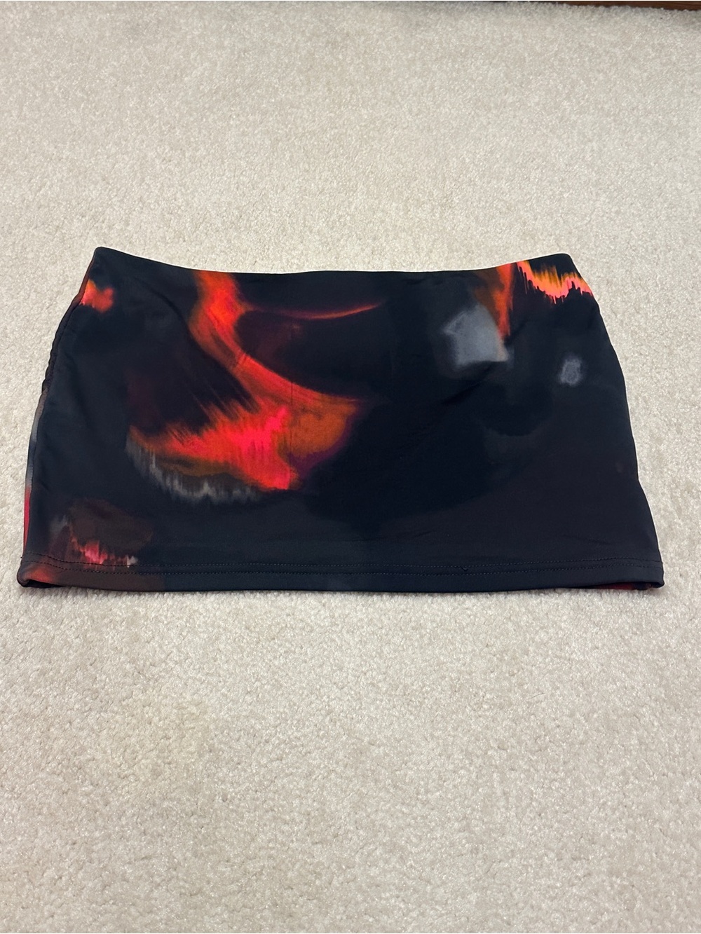 Black Mini Skirt with Red-Orange Abstract Print